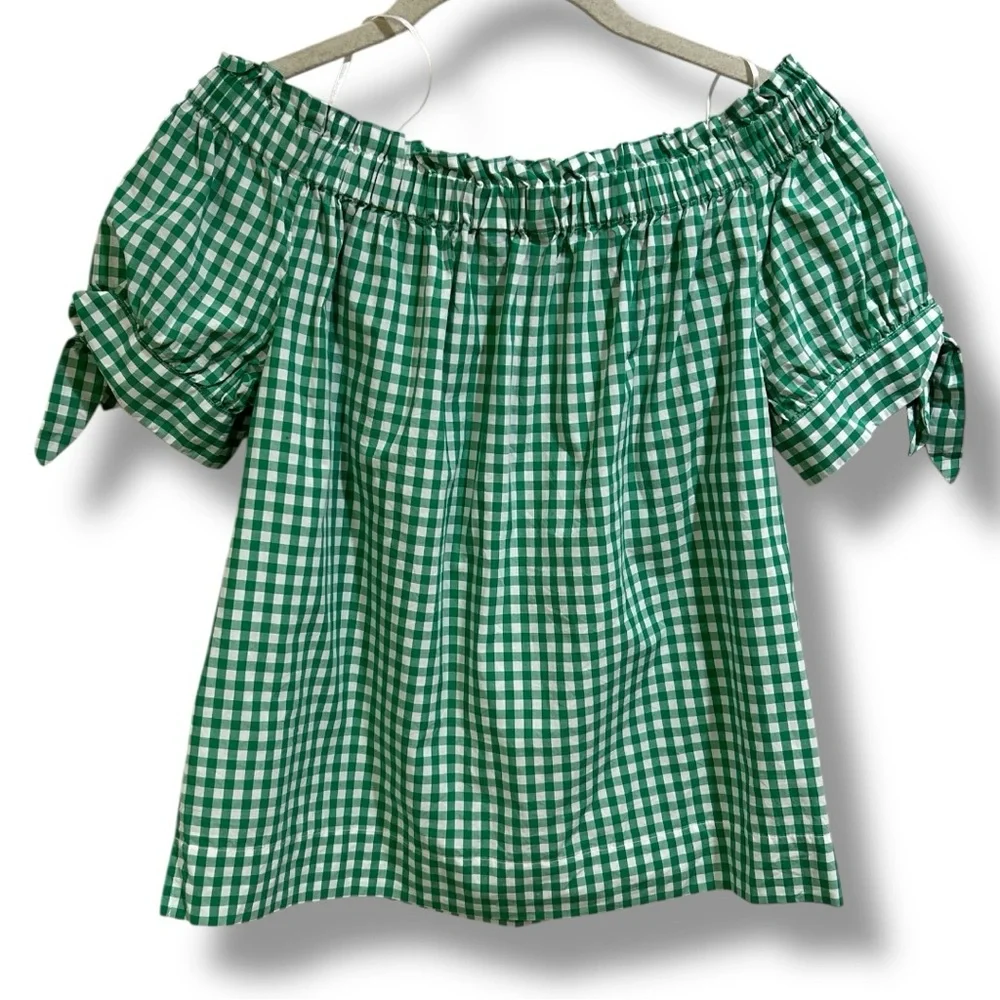 J. Crew Gingham Green and White Puff Sleeve Smocked Blouse Size 2 (NWOT)